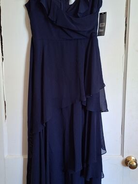 Tahari Navy Layered Ruffle Maxi Skirt